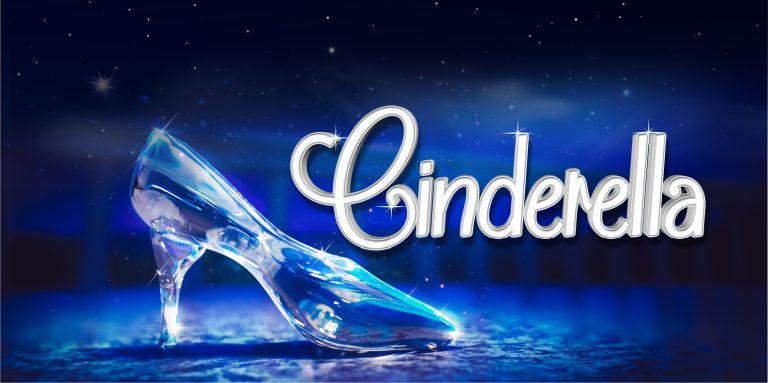 Glistening glass slipper with 'Cinderella' in ornate silver lettering against a blue starry background.