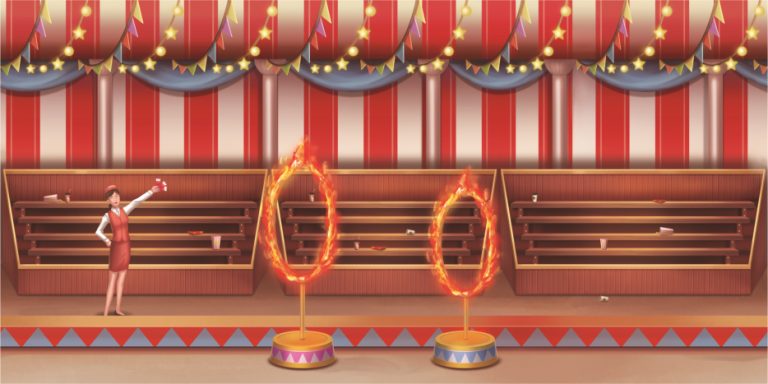 A circus stage with red striped backdrop, shelves, and two flaming ring targets for a toss game, with a woman in a red dress watching.