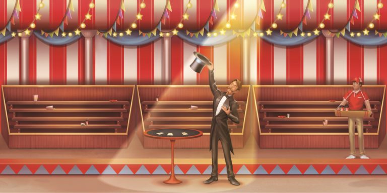 Magician in a black tuxedo lifts a top hat on a circus stage under spotlights, with red-and-white striped booths in the background and a host at a lectern to the right.