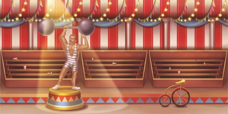 Circus strongman in a striped outfit lifts weights on a pedestal under a red-and-white tent with bunting and string lights; empty bleachers in the background, a vintage bicycle on the floor to the right.