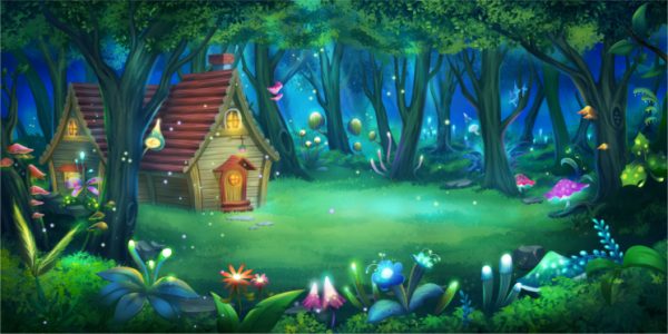 Whimsical forest clearing at night with a glowing wooden cottage.