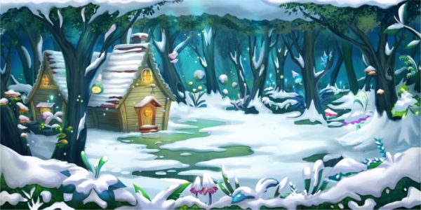 Snowy forest clearing with two warm-lit log cabins and a winding path under a blue evening sky.