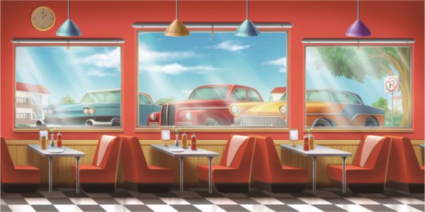 Retro diner interior with red booth seating and white tabletops, condiment bottles on tables, a black-and-white checkered floor, and large windows showing vintage cars parked outside under a blue sky.