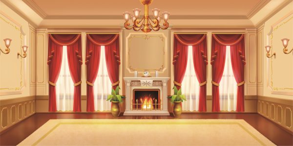 Elegant living room with a lit fireplace, gold accents, and red velvet curtains under a chandelier