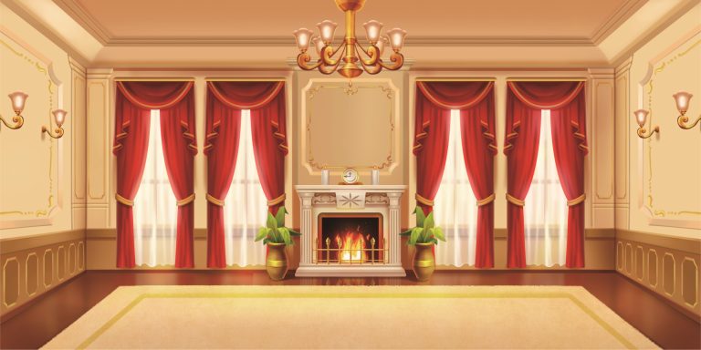 Elegant living room with a lit fireplace, gold accents, and red velvet curtains under a chandelier