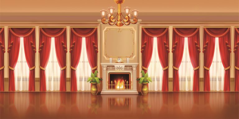Luxurious room with red velvet curtains, a central fireplace, and a gold chandelier above, flanked by plant pots and tall windows.