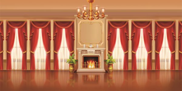 Elegant living room with a lit fireplace, ornate mantel, and tall red drapes.