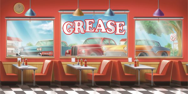 Retro diner interior with red booths and checkered floor, large windows showing classic cars and a bold ‘GREASE’ sign in the center window.
