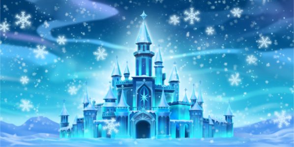 Blue ice castle in a snowy, magical winter scene with falling snowflakes and shimmering light.