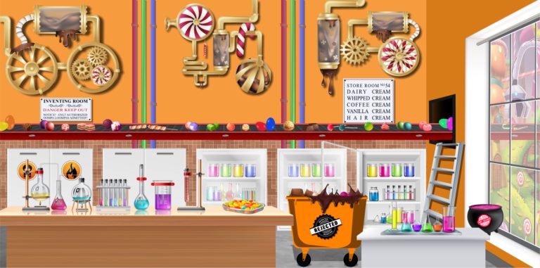 Colorful candy-themed science lab with orange walls, gold gears and pipes, and a workbench full of flasks, test tubes, and beakers.