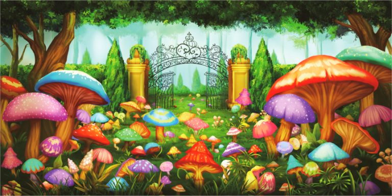 A vibrant fantasy garden filled with colorful oversized mushrooms and a wrought-iron gate in a sunny, serene landscape.