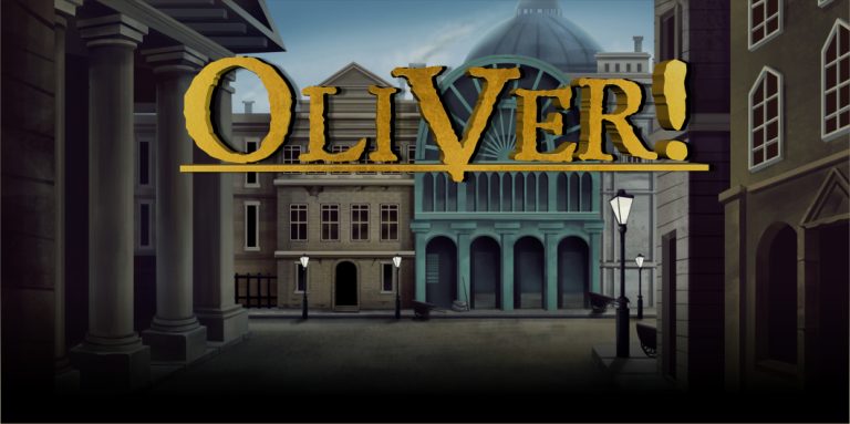 Game cover: large gold 'OLIVER!' title over a city square with columns and historic buildings.