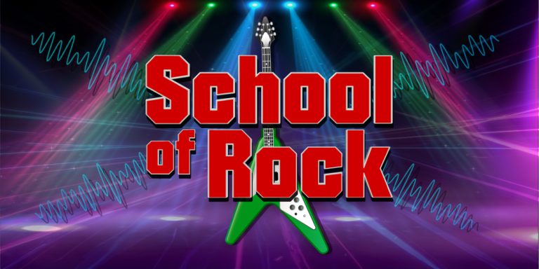 Colorful neon poster reading 'School of Rock' in bold red block letters with a green-and-white electric guitar and multicolored light beams in the background.