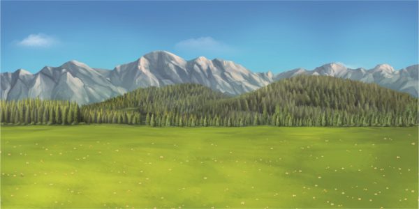 Bright green meadow dotted with small white flowers stretches toward a dense pine forest, with snow-capped mountains rising under a clear blue sky in the distance.