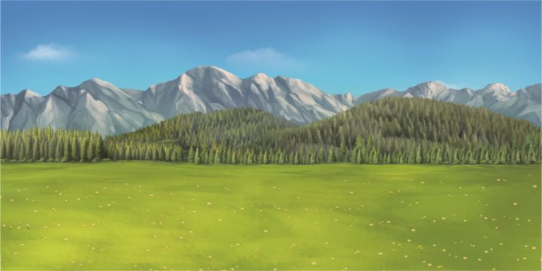 Bright green meadow dotted with small white flowers stretches toward a dense pine forest, with snow-capped mountains rising under a clear blue sky in the distance.