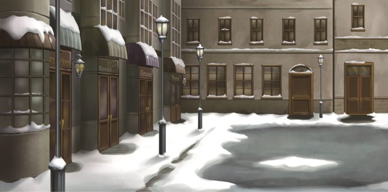 Snowy street scene with storefronts (Books, Grocer, Bank), snow on awnings and ground, and vintage streetlamps lining the sidewalk.