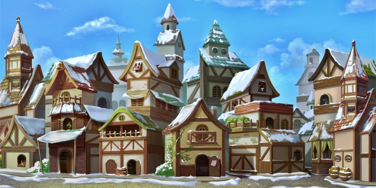 Snow-covered medieval village with timber-framed houses under a bright blue sky.