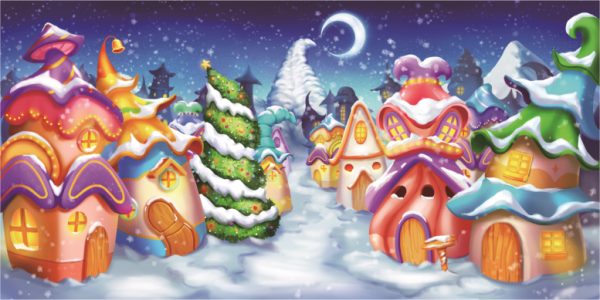 Whimsical snowy village with candy-colored houses, twinkling windows, and a decorated Christmas tree under a starry night sky.