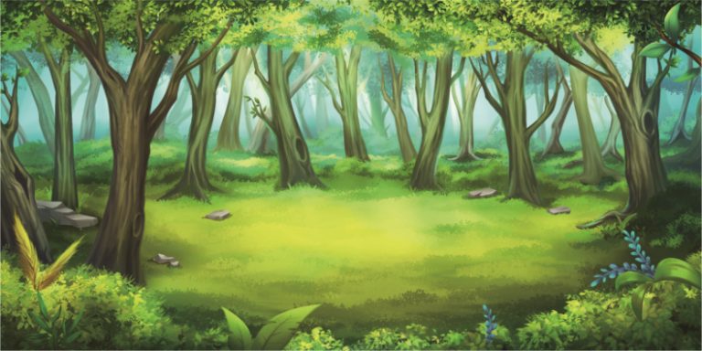 Sunlit clearing in a dense green forest with tall trees and dappled light on the grass surface.