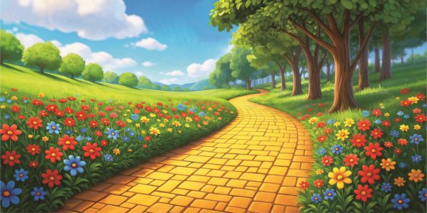 Curved yellow brick path winds through a sunny meadow filled with red, blue, and yellow flowers beneath green trees.